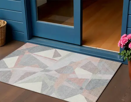3' X 5' Blush Ivory And Gray Geometric Washable Indoor Outdoor Area Rug
