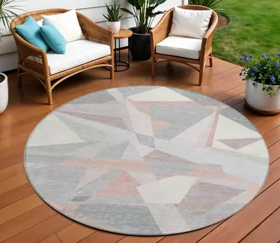 8' Blush Ivory And Gray Round Geometric Washable Indoor Outdoor Area Rug