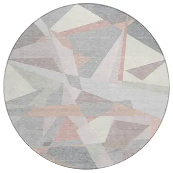 8' Blush Ivory And Gray Round Geometric Washable Indoor Outdoor Area Rug