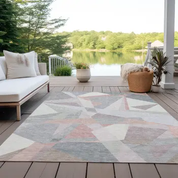 9' X 12' Blush Ivory And Gray Geometric Washable Indoor Outdoor Area Rug