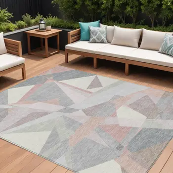 10' X 14' Blush Ivory And Gray Geometric Washable Indoor Outdoor Area Rug