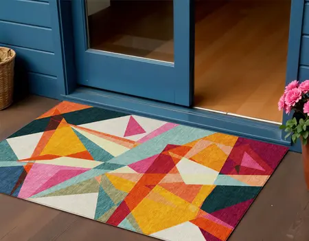 3' X 5' Ivory Orange Yellow Teal Blue And Burgundy Geometric Washable Indoor Outdoor Area Rug