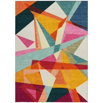 5' X 8' Ivory Orange Yellow Teal Blue And Burgundy Geometric Washable Indoor Outdoor Area Rug