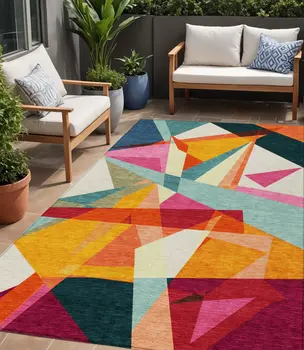5' X 8' Ivory Orange Yellow Teal Blue And Burgundy Geometric Washable Indoor Outdoor Area Rug