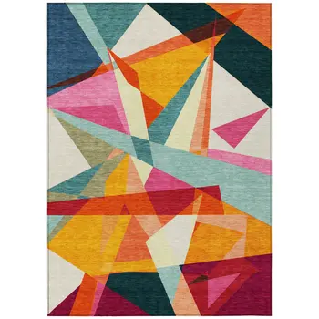 5' X 8' Ivory Orange Yellow Teal Blue And Burgundy Geometric Washable Indoor Outdoor Area Rug