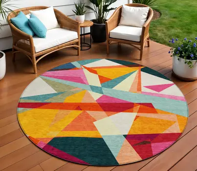 8' Ivory Orange Yellow Teal Blue And Burgundy Round Geometric Washable Indoor Outdoor Area Rug