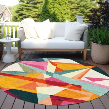 8' Ivory Orange Yellow Teal Blue And Burgundy Round Geometric Washable Indoor Outdoor Area Rug