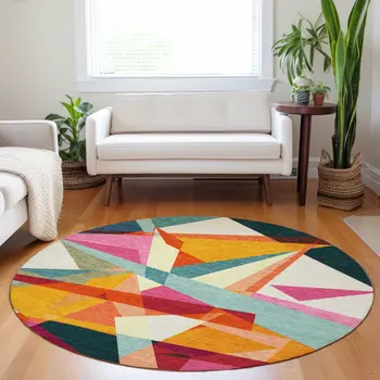 8' Ivory Orange Yellow Teal Blue And Burgundy Round Geometric Washable Indoor Outdoor Area Rug