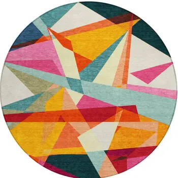 8' Ivory Orange Yellow Teal Blue And Burgundy Round Geometric Washable Indoor Outdoor Area Rug