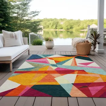 8' X 10' Ivory Orange Yellow Teal Blue And Burgundy Geometric Washable Indoor Outdoor Area Rug