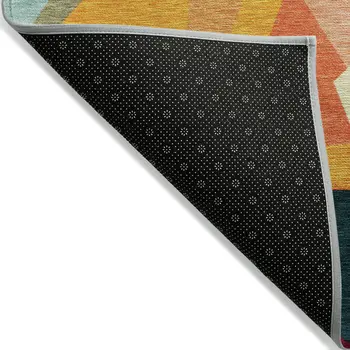 8' X 10' Ivory Orange Yellow Teal Blue And Burgundy Geometric Washable Indoor Outdoor Area Rug