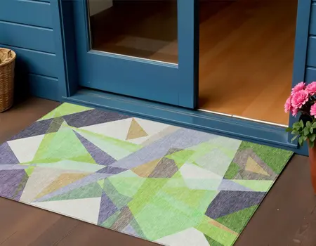 3' X 5' Lavender Lime Green And Beige Geometric Washable Indoor Outdoor Area Rug