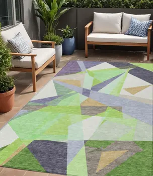 5' X 8' Lavender Lime Green And Beige Geometric Washable Indoor Outdoor Area Rug