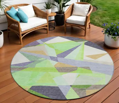 8' Lavender Lime Green And Beige Round Geometric Washable Indoor Outdoor Area Rug