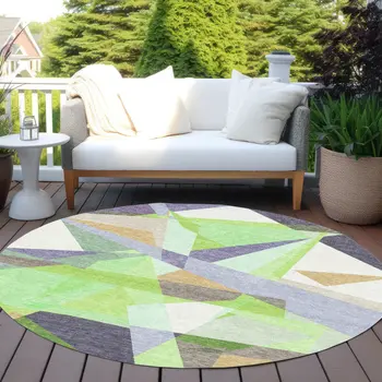 8' Lavender Lime Green And Beige Round Geometric Washable Indoor Outdoor Area Rug