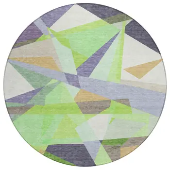 8' Lavender Lime Green And Beige Round Geometric Washable Indoor Outdoor Area Rug