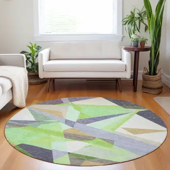 8' Lavender Lime Green And Beige Round Geometric Washable Indoor Outdoor Area Rug