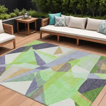 9' X 12' Lavender Lime Green And Beige Geometric Washable Indoor Outdoor Area Rug