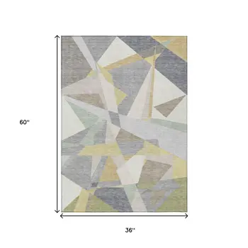 3' X 5' Pewter Ivory And Wheat Geometric Washable Indoor Outdoor Area Rug