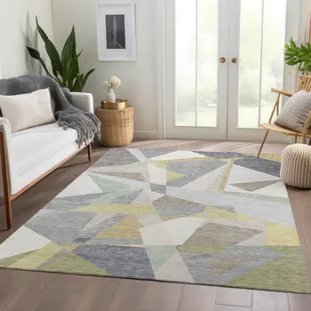 3' X 5' Pewter Ivory And Wheat Geometric Washable Indoor Outdoor Area Rug