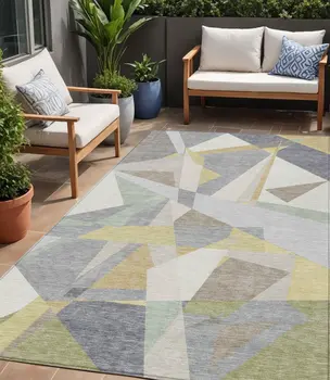 5' X 8' Pewter Ivory And Wheat Geometric Washable Indoor Outdoor Area Rug