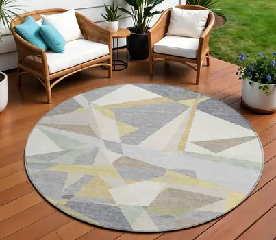 8' Pewter Ivory And Wheat Round Geometric Washable Indoor Outdoor Area Rug