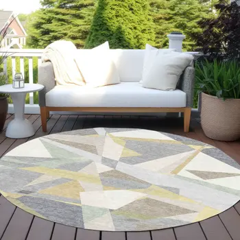 8' Pewter Ivory And Wheat Round Geometric Washable Indoor Outdoor Area Rug