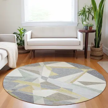 8' Pewter Ivory And Wheat Round Geometric Washable Indoor Outdoor Area Rug
