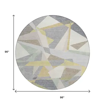 8' Pewter Ivory And Wheat Round Geometric Washable Indoor Outdoor Area Rug