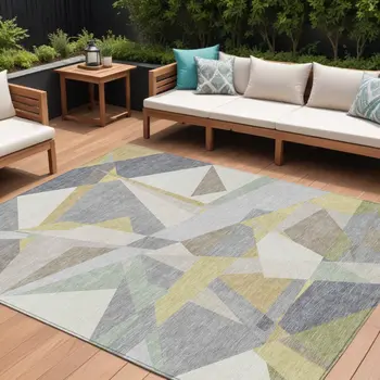 8' X 10' Pewter Ivory And Wheat Geometric Washable Indoor Outdoor Area Rug