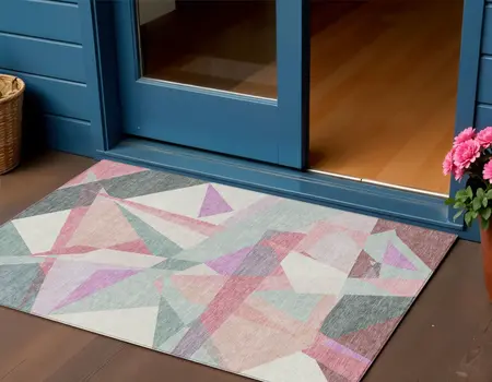3' X 5' Pale Aqua Blush And Burgundy Geometric Washable Indoor Outdoor Area Rug