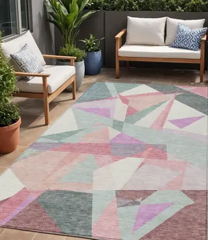 5' X 8' Pale Aqua Blush And Burgundy Geometric Washable Indoor Outdoor Area Rug