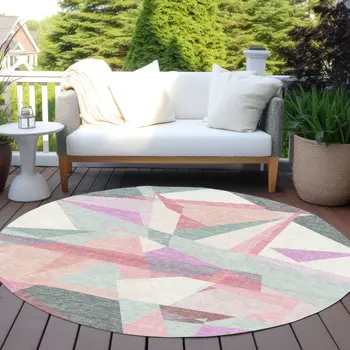 8' Pale Aqua Blush And Burgundy Round Geometric Washable Indoor Outdoor Area Rug