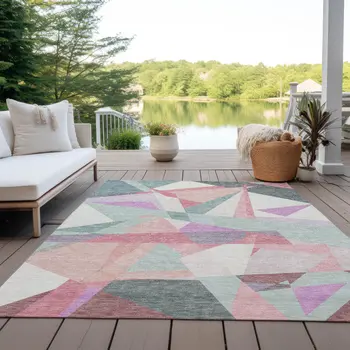 8' X 10' Pale Aqua Blush And Burgundy Geometric Washable Indoor Outdoor Area Rug