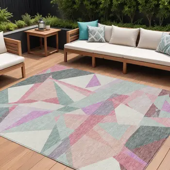 9' X 12' Pale Aqua Blush And Burgundy Geometric Washable Indoor Outdoor Area Rug