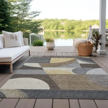 5' X 8' Brown Taupe And Wheat Geometric Washable Indoor Outdoor Area Rug