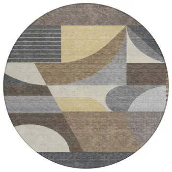 8' Brown Taupe And Wheat Round Geometric Washable Indoor Outdoor Area Rug