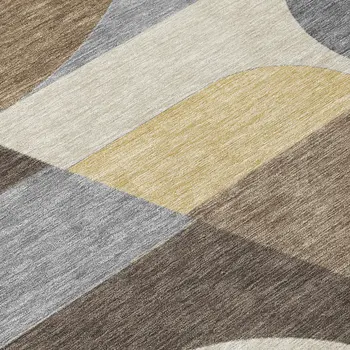 8' Brown Taupe And Wheat Round Geometric Washable Indoor Outdoor Area Rug