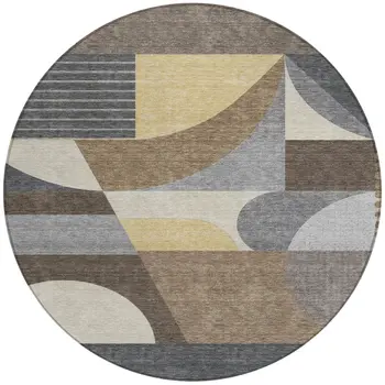 8' Brown Taupe And Wheat Round Geometric Washable Indoor Outdoor Area Rug