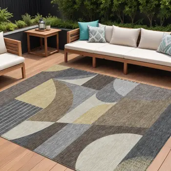 8' X 10' Brown Taupe And Wheat Geometric Washable Indoor Outdoor Area Rug