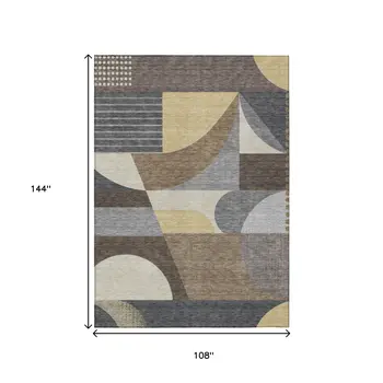 9' X 12' Brown Taupe And Wheat Geometric Washable Indoor Outdoor Area Rug