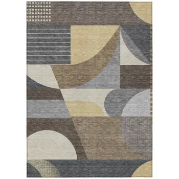 9' X 12' Brown Taupe And Wheat Geometric Washable Indoor Outdoor Area Rug