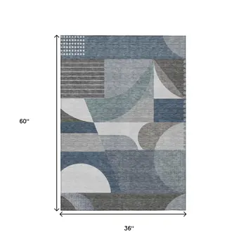 3' X 5' Gray Blue And Ivory Geometric Washable Indoor Outdoor Area Rug