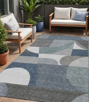 5' X 8' Gray Blue And Ivory Geometric Washable Indoor Outdoor Area Rug