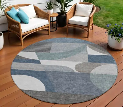 8' Gray Blue And Ivory Round Geometric Washable Indoor Outdoor Area Rug
