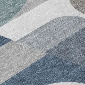 8' Gray Blue And Ivory Round Geometric Washable Indoor Outdoor Area Rug
