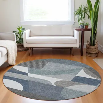 8' Gray Blue And Ivory Round Geometric Washable Indoor Outdoor Area Rug