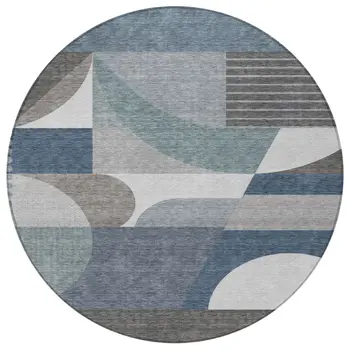8' Gray Blue And Ivory Round Geometric Washable Indoor Outdoor Area Rug