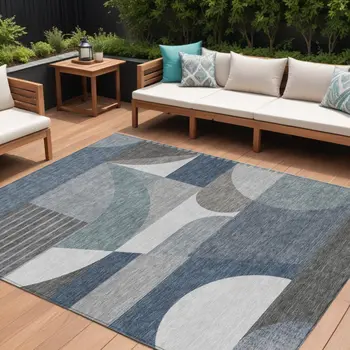 8' X 10' Gray Blue And Ivory Geometric Washable Indoor Outdoor Area Rug