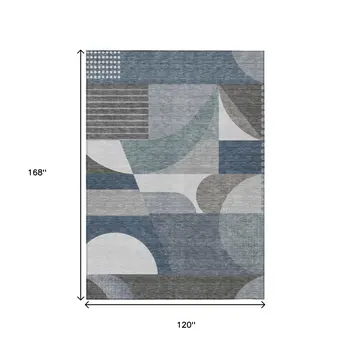 10' X 14' Gray Blue And Ivory Geometric Washable Indoor Outdoor Area Rug